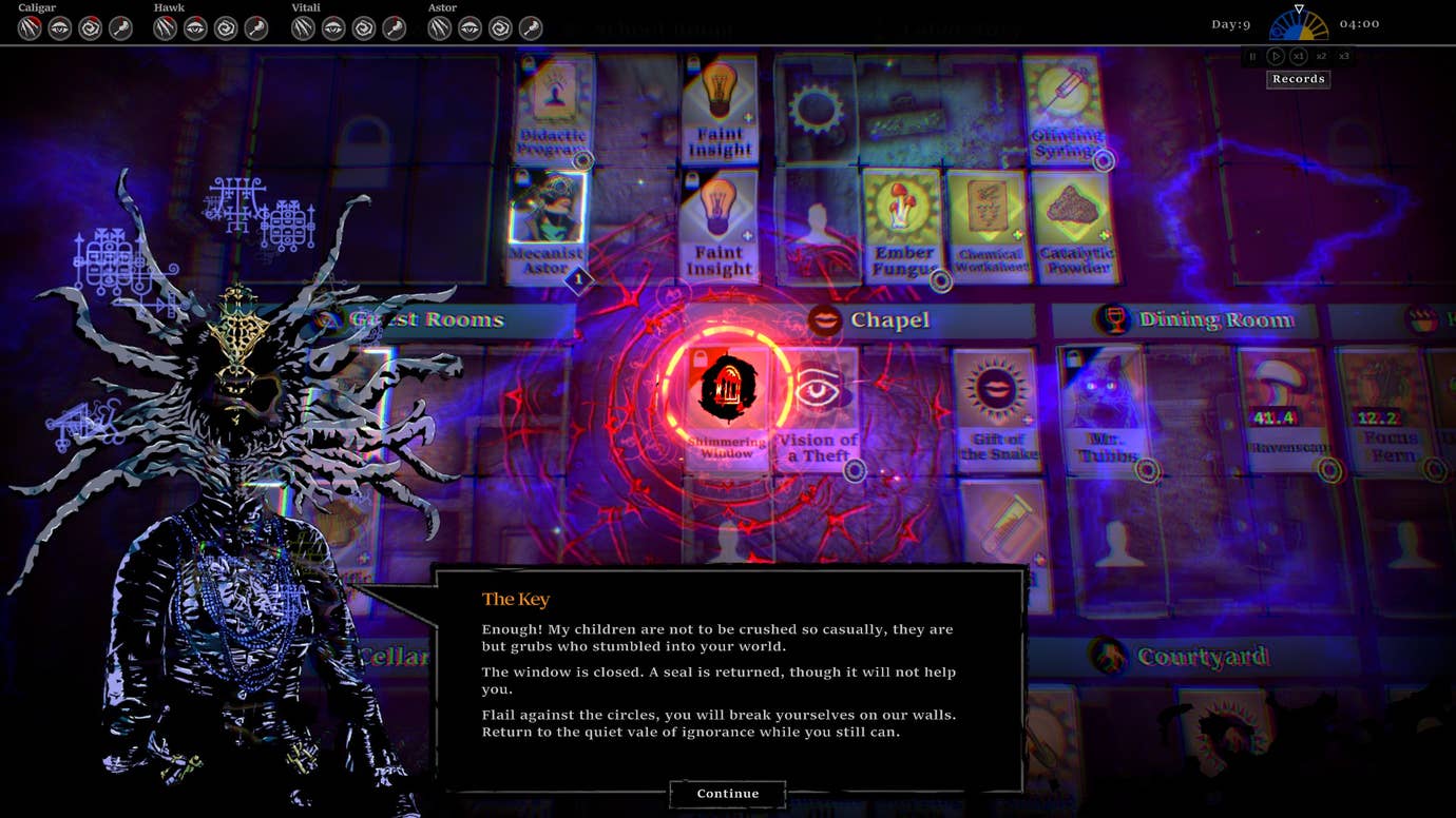 A screenshot of the house layout from The Horror At Highrook, showing a cosmic entity called The Key who looks like a woman in Victorian formal attire with a nightmarishly splintered-open head